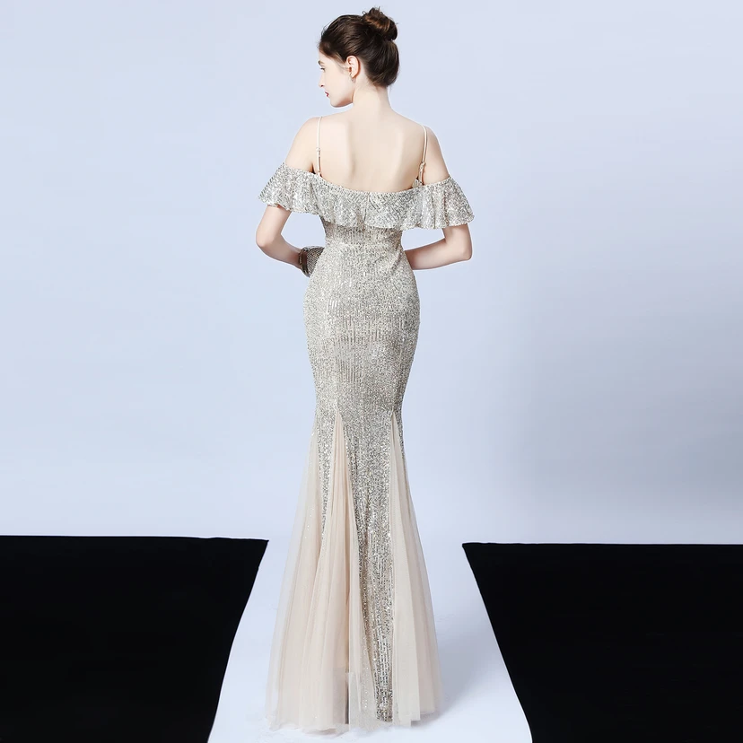 Robe de soirée élégante à franges et sequins en fil de polyester, style sirène, idéale pour un banquet ou une occasion spéciale automne. view 15