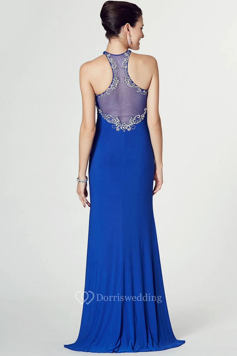 Sheath High Neck Sleeveless Beaded Jersey Prom Dress view 2