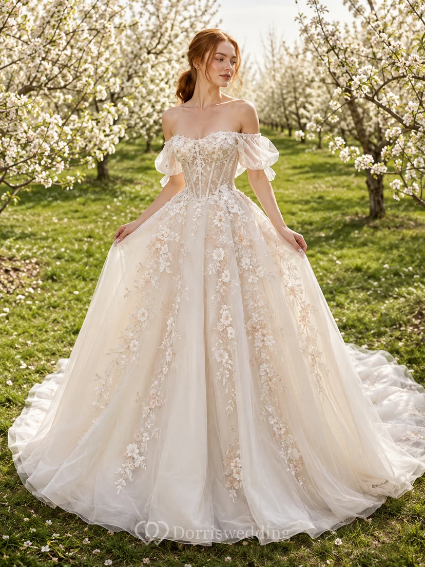 Brautkleid mit floralem Korsett, schulterfrei, aus Tüll, Frühlings-Orchard