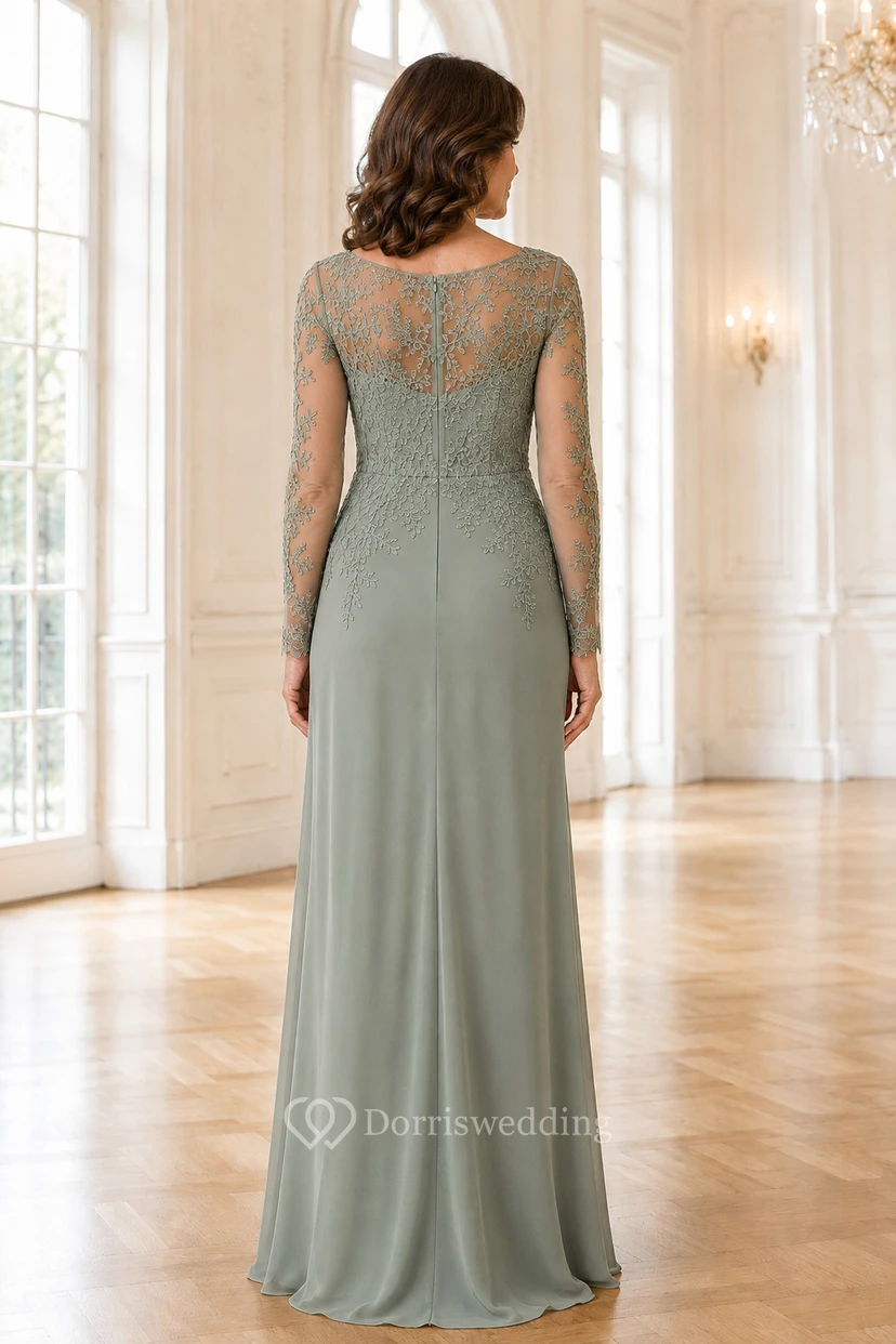 MOB Dress Sage Chiffon Lace Sheath Long Sleeve Bateau Neck Floor Length Ruched view 2
