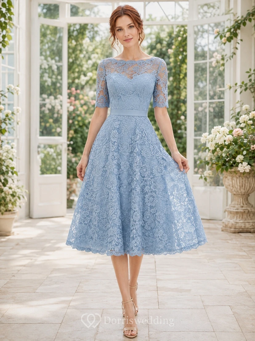 Sky Blue Lace Bateau Neck Half Sleeve Tea-length A-Line Garden Guest Dress