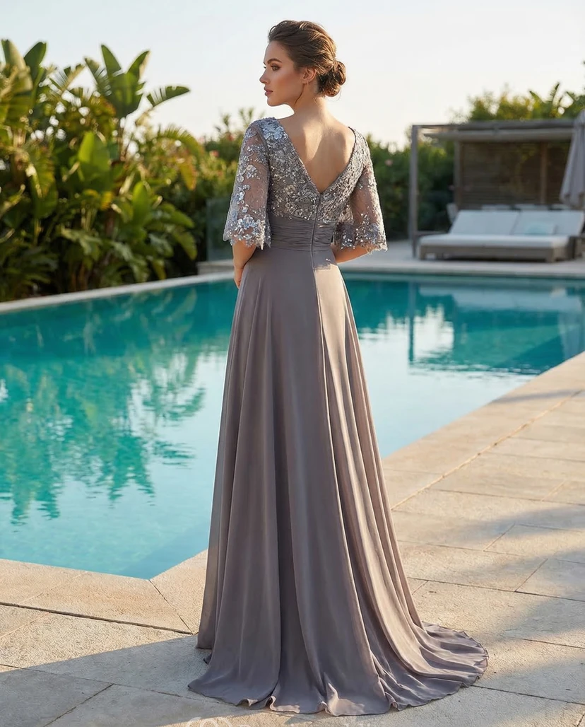 Paillettenbesetztes Chiffon-Kleid in A-Linie mit halben Ärmeln view 2