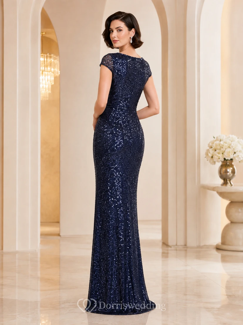 Dunkelblaues Pailletten-Abendkleid mit kurzen Ärmeln view 2