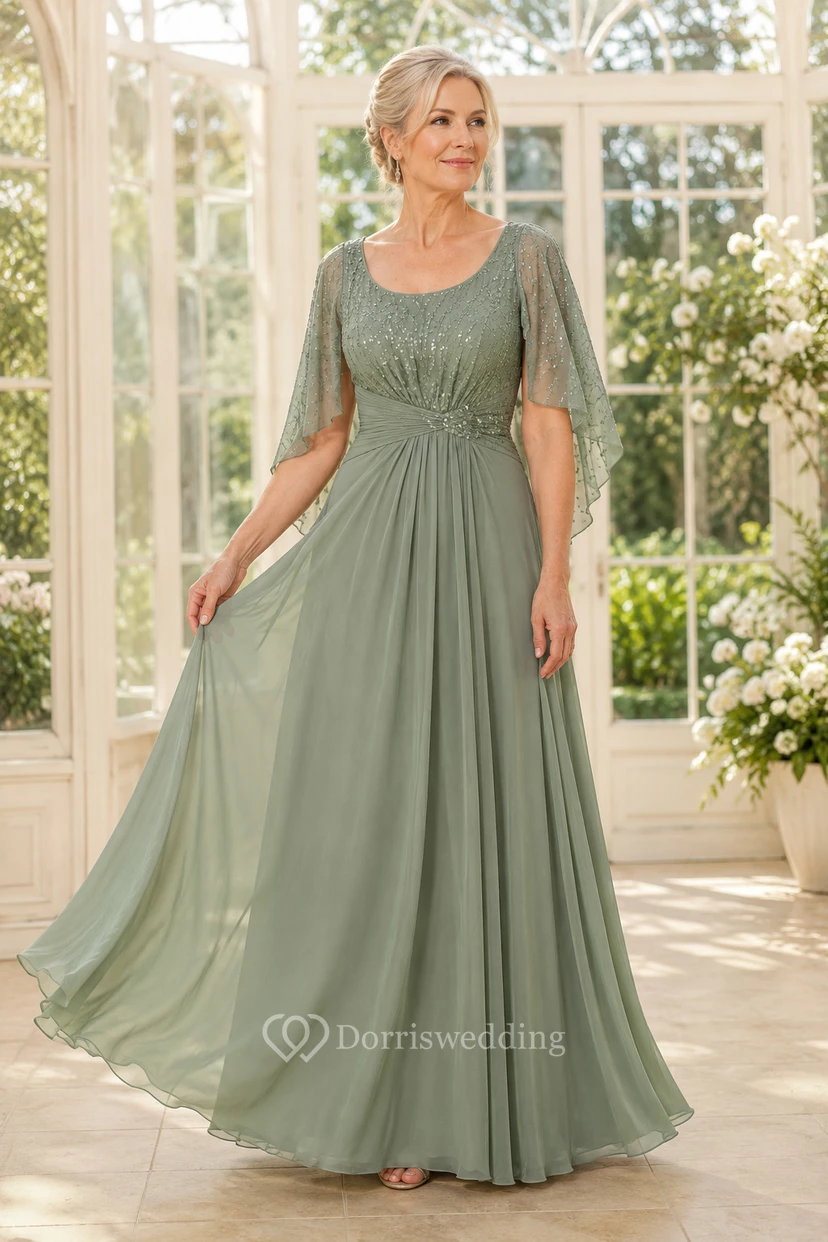 Salbeigrünes Chiffon-Kleid in A-Linie mit Volantärmeln