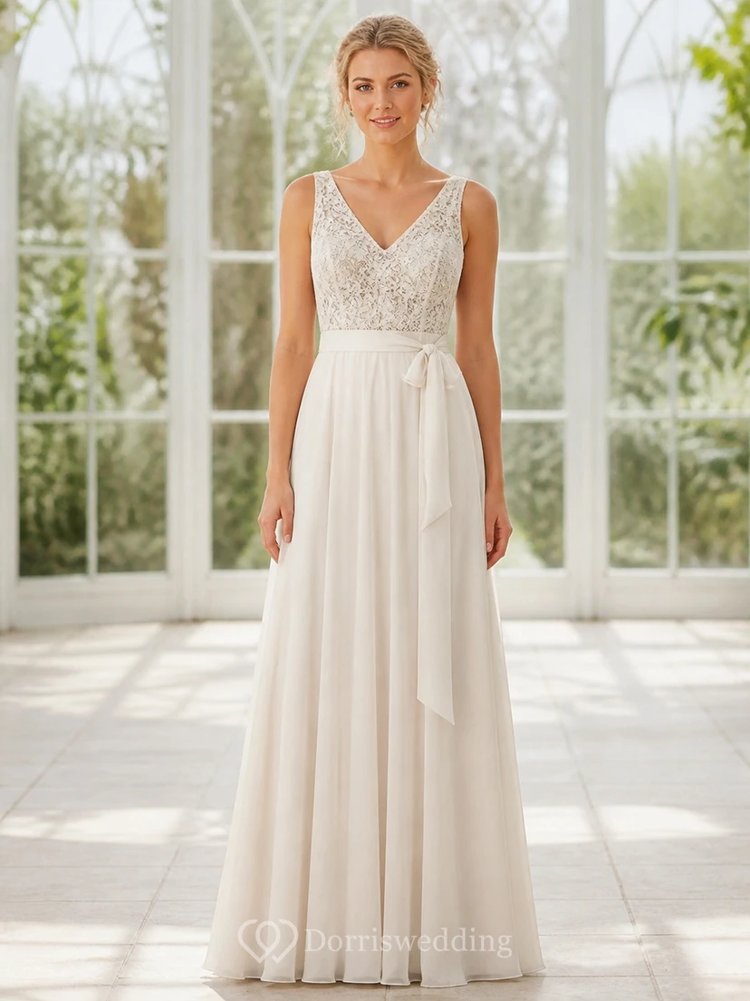 Robe de mariée simple de plage en mousseline de soie, col V et dentelle, coupe trapèze, sans manches, coupe trapèze, col en V