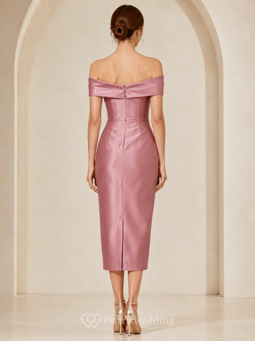 Dusty Rose Off-the-shoulder Silk Satin Midi Dress view 2