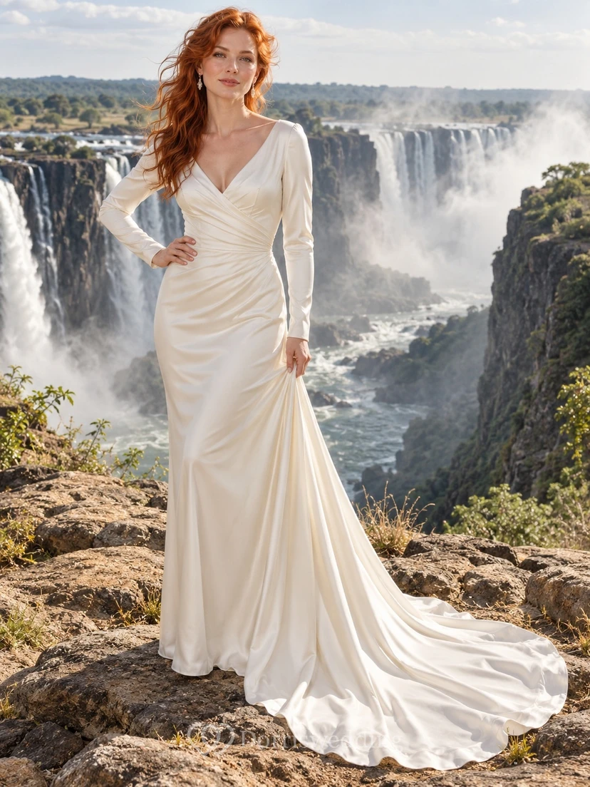 Vestido de novia sencillo de satén con escote en V, manga larga, corpiño drapeado y espalda descubierta.