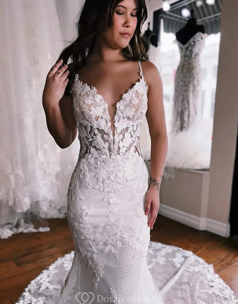 Illusion Lace Fit-and-Flare Wedding Dress with Plunging Neckline view 3