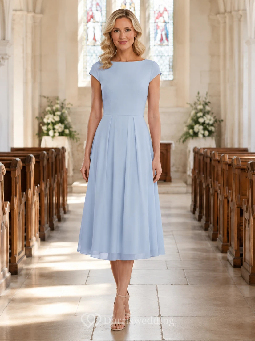 Powder Blue Cap Sleeve A Line Communion Guest Midi Dress
