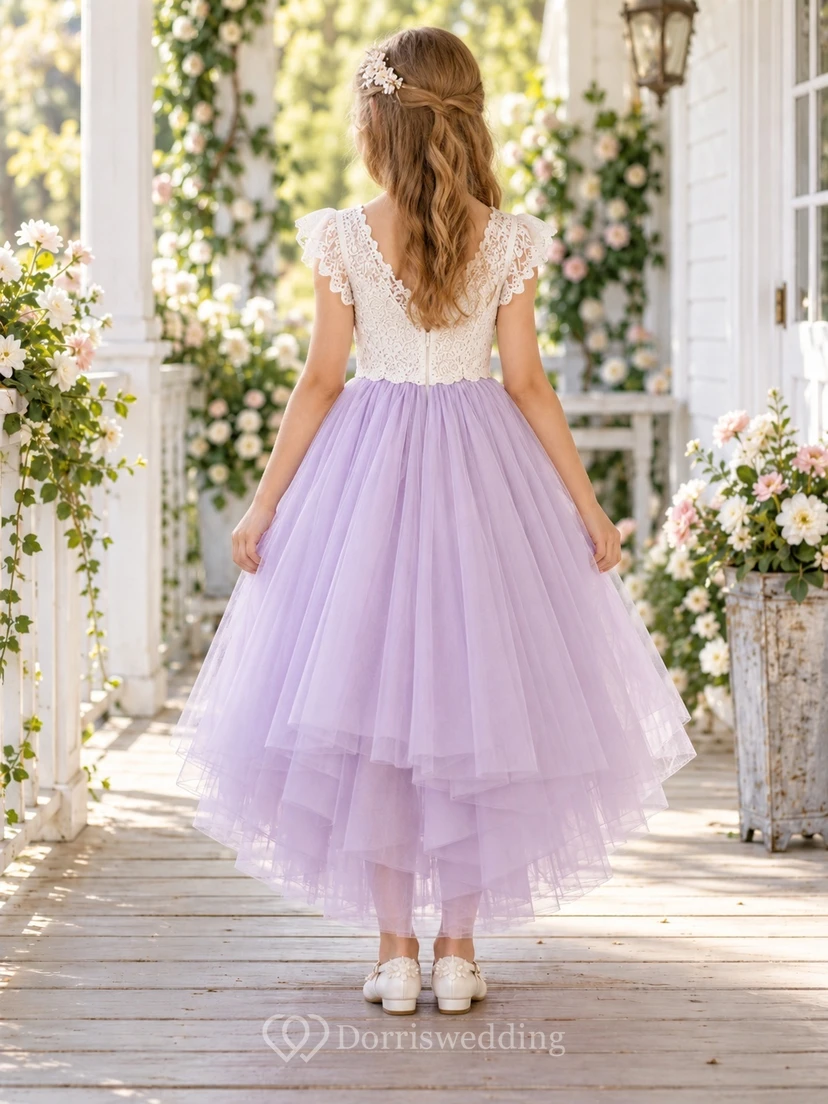 High-low Lavender Lace Flutter Sleeve Layered Flower Girl Dress view 2