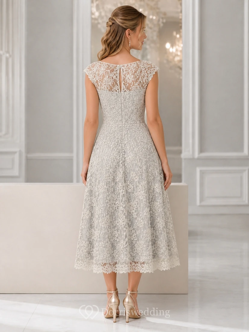 Tea-length Civil Modest Bateau Lace Cap Sleeve A-Line Wedding Dress view 2