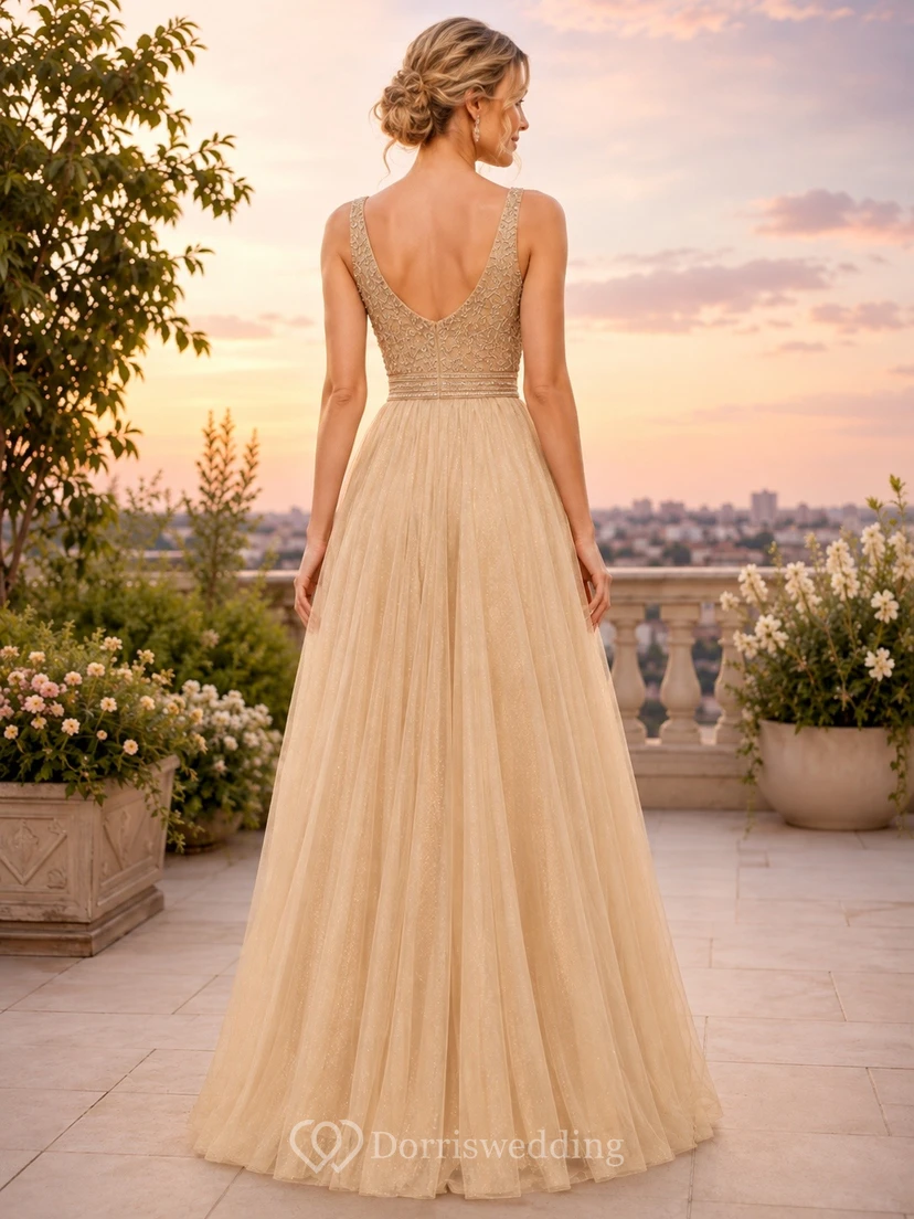 Champagne Romantic Spaghetti-Strap Tulle A-Line Floor-Length Elegant Evening Dress view 2