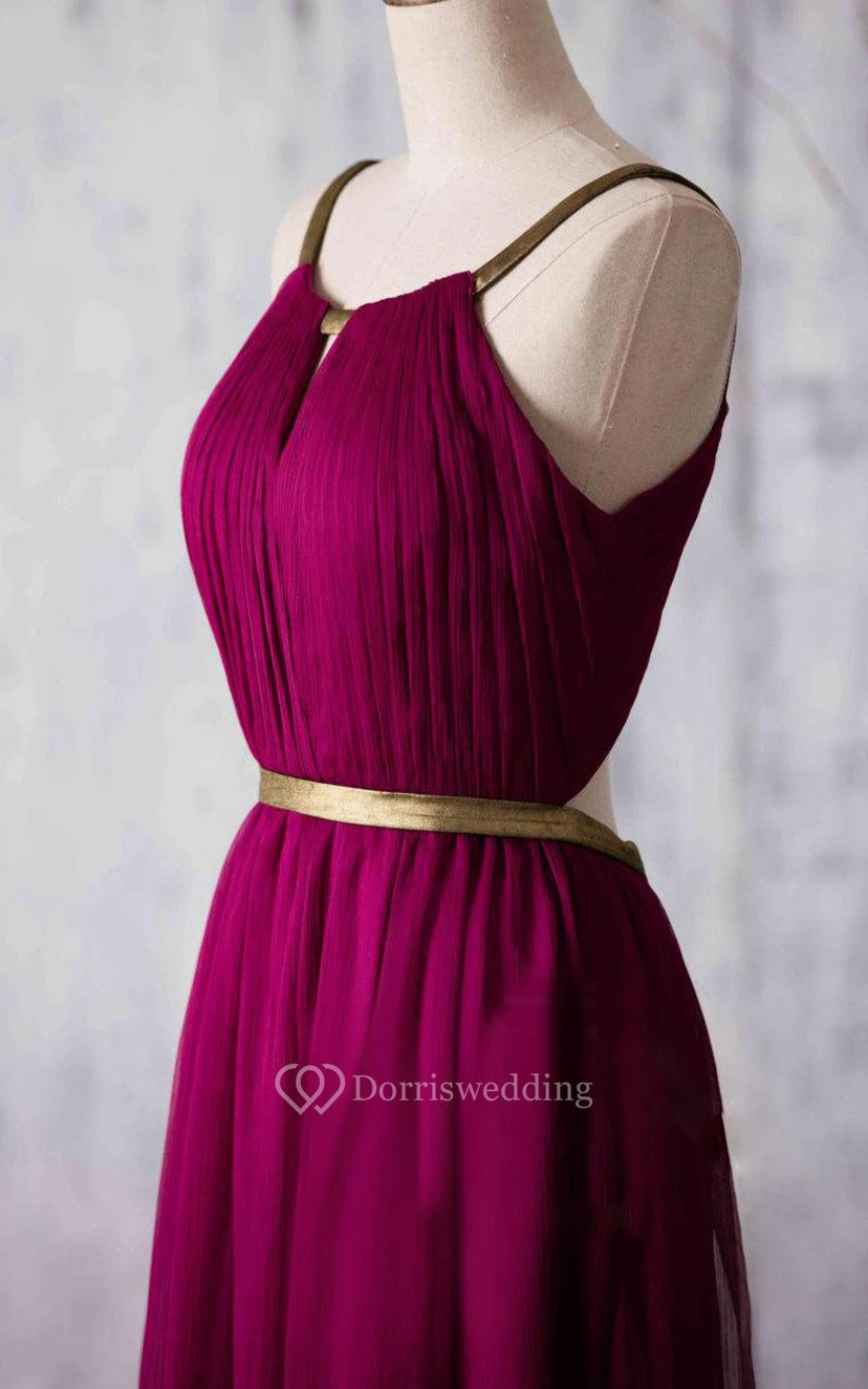 Allover Pleated A-line Chiffon Floor Length Dress With Back Keyhole view 2