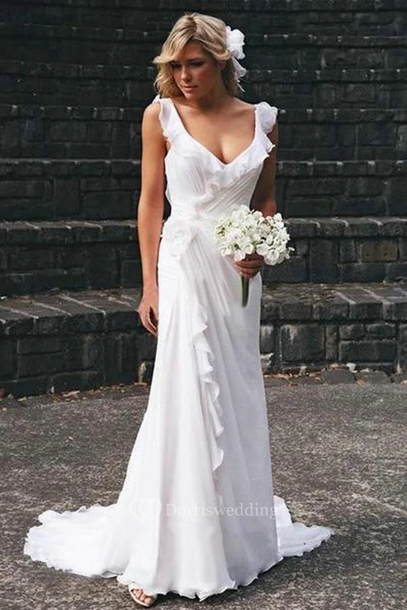 Elegante vestido de novia sin mangas de gasa con escote en V y volantes.