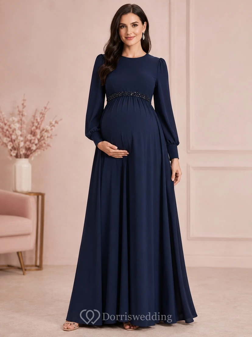 Maternity Long Sleeve Dark Navy Jewel Neck Chiffon Empire A-Line Floor-Length Formal Dress