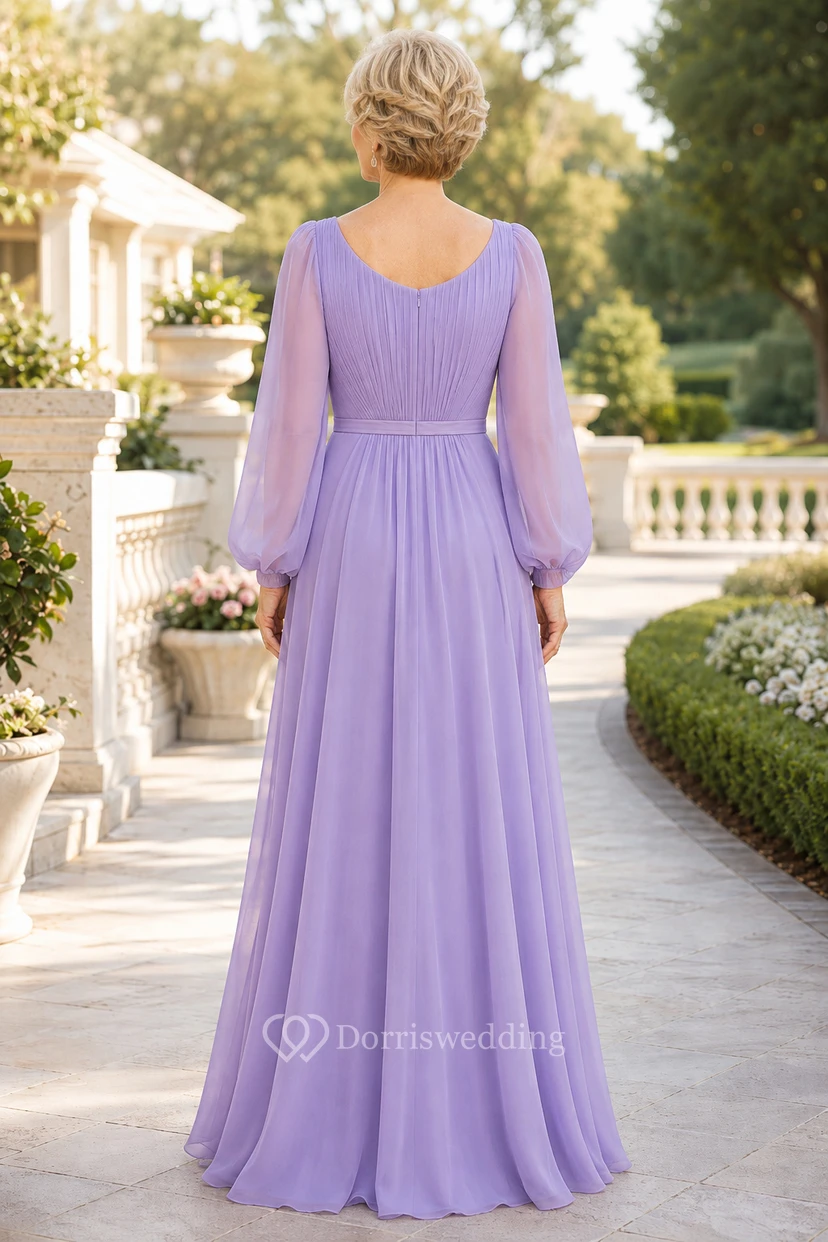 Lavendelfarbenes Chiffon-Kleid in A-Linie mit U-Boot-Ausschnitt und transparenten Poetenärmeln view 2