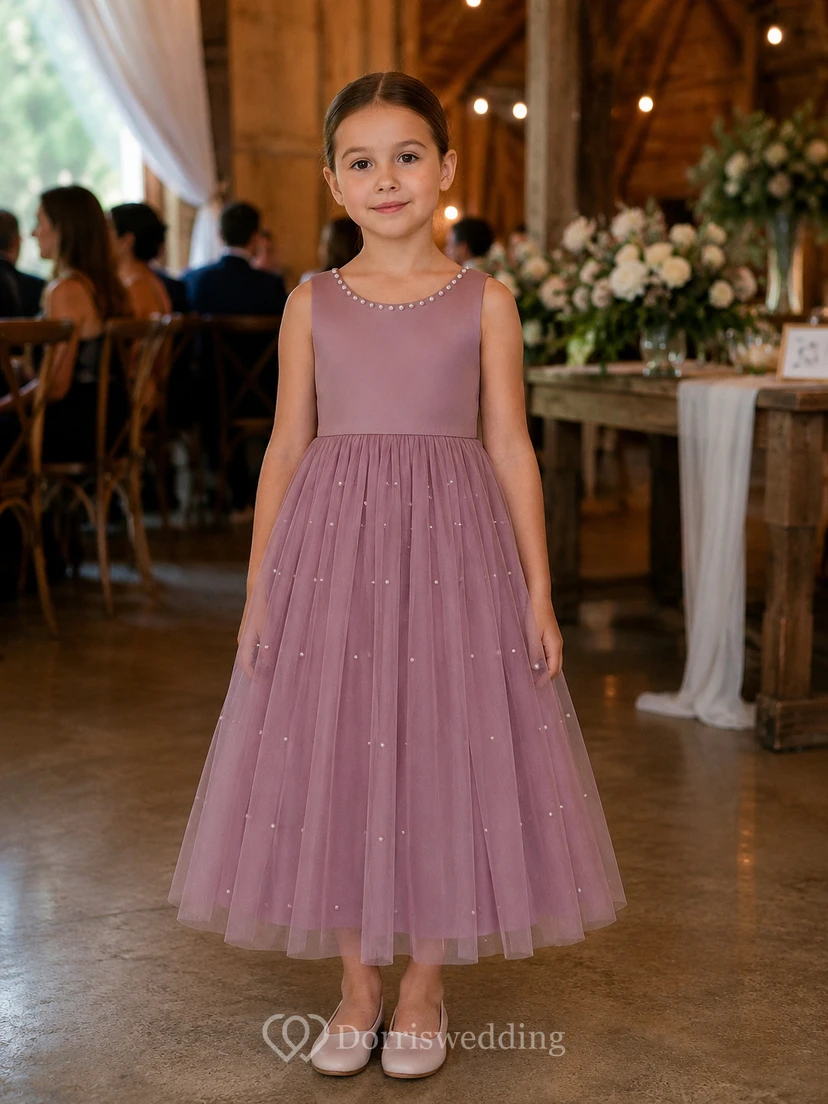Scoop-neck Sleeveless Tulle Satin A-line Flowergirl Dress view 10