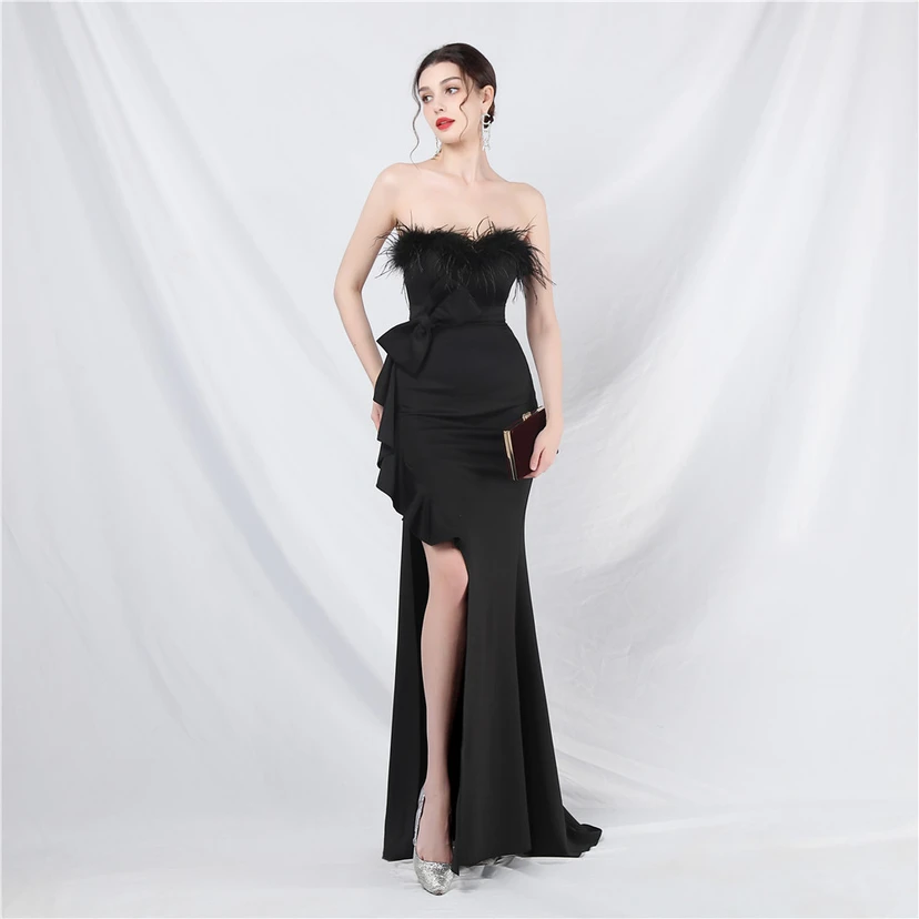 Crafted Custom-Made Ostrich Hair Off-Shoulder Tube Top Dinner Celebration Wedding Dress view 41