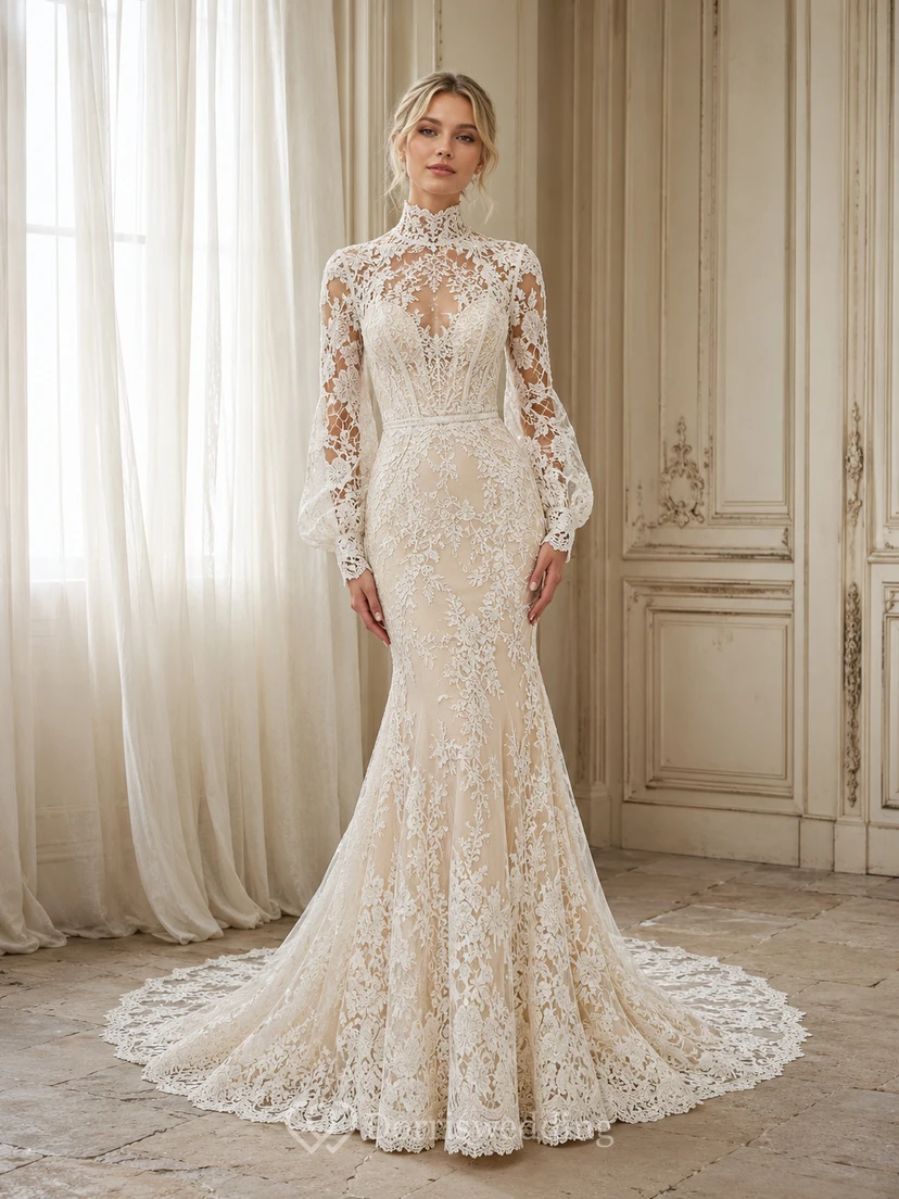 Robe de mariée sirène à encolure haute, manches longues transparentes et dentelle illusion, ornée d'appliques, idéale pour une salle de bal. Col montant, manches longues transparentes et traîne chapelle.
