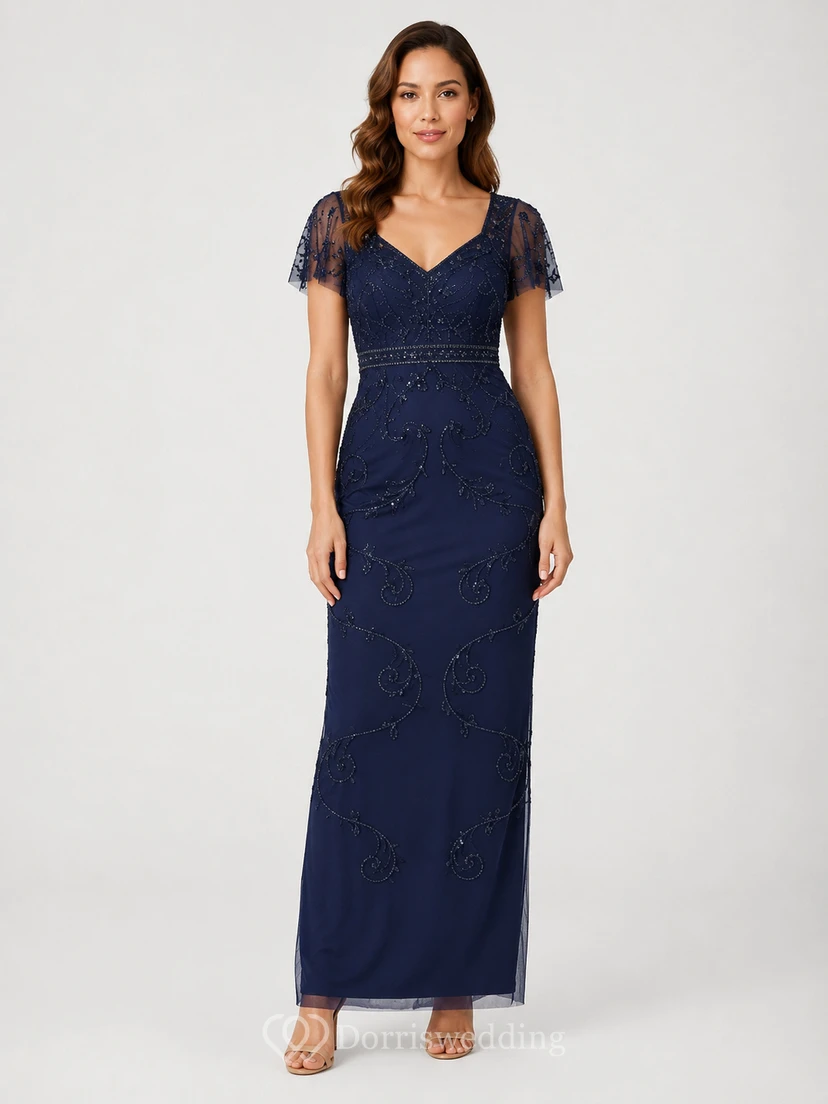 Dark Navy Beaded Illusion Sleeve Sheath Evening Gown