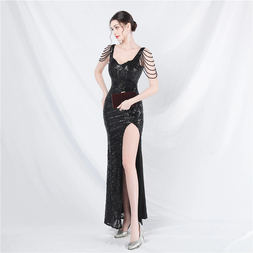 Craft Sequined Velvet Bottom Handmade Beaded Long Elegant Light Luxury Evening Dress view 44