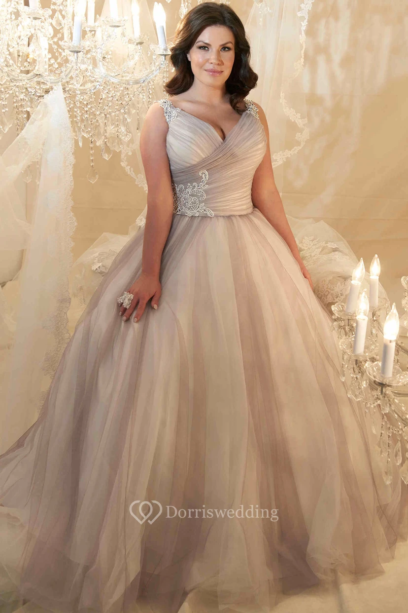 Ball Gown V-Neck Beaded Sleeveless Tulle Plus Size Princess Wedding Dress With Criss Cross And Lace Up