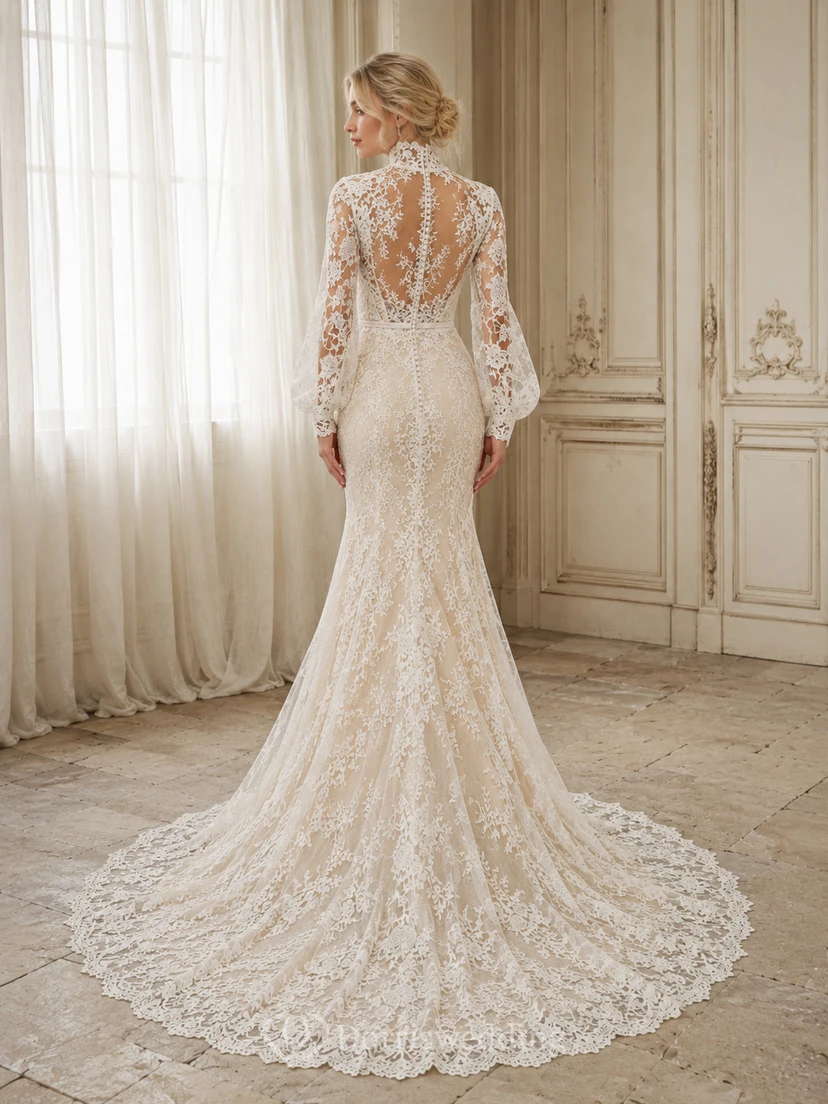 Robe de mariée sirène à encolure haute, manches longues transparentes et dentelle illusion, ornée d'appliques, idéale pour une salle de bal. Col montant, manches longues transparentes et traîne chapelle. view 2