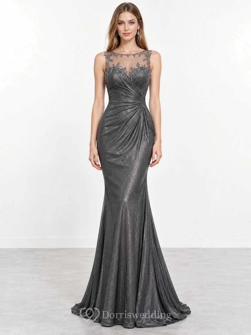 Steel Grey Illusion Lace Ruched Waist Shimmering Mermaid Evening Dress
