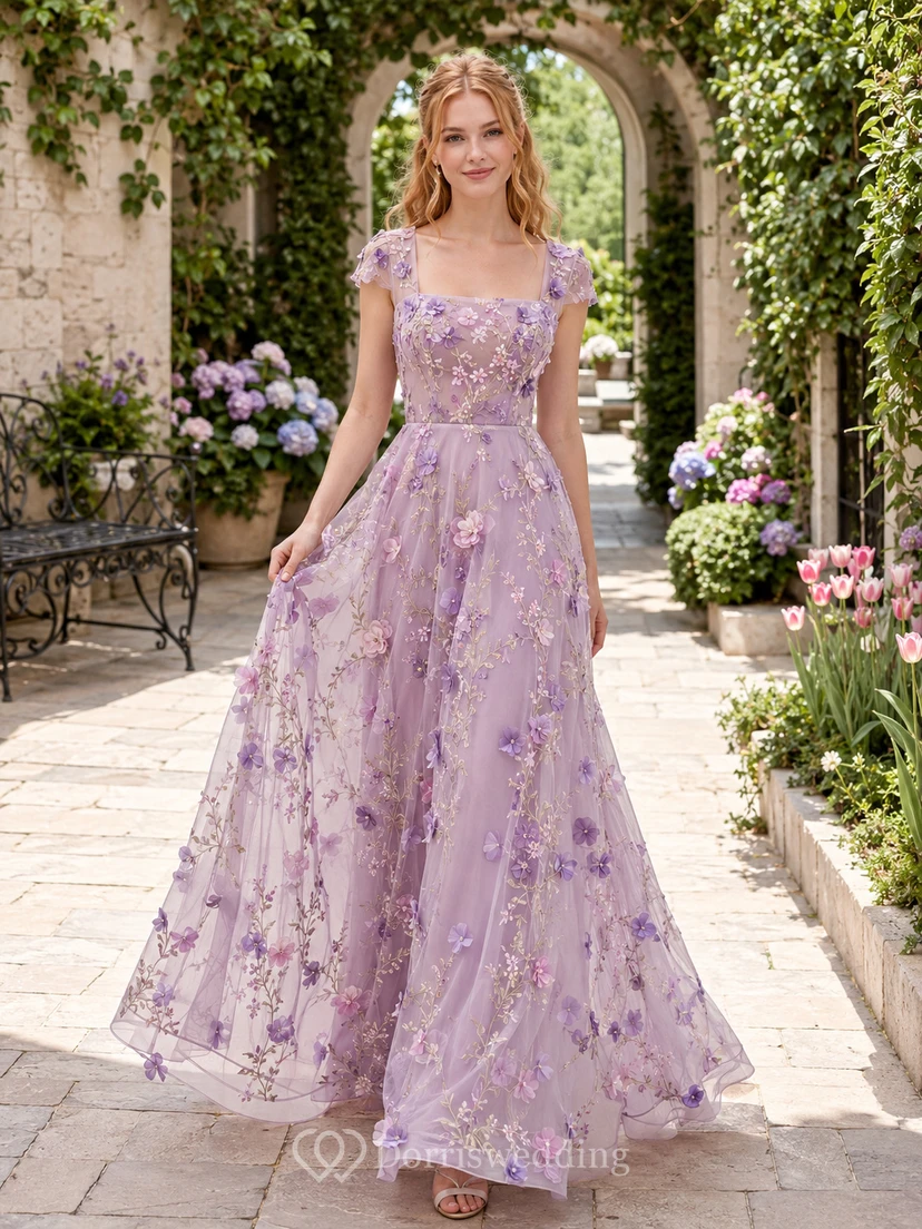 Robe de mariée champêtre en organza à bretelles fleuries lavande, coupe trapèze, style jardin