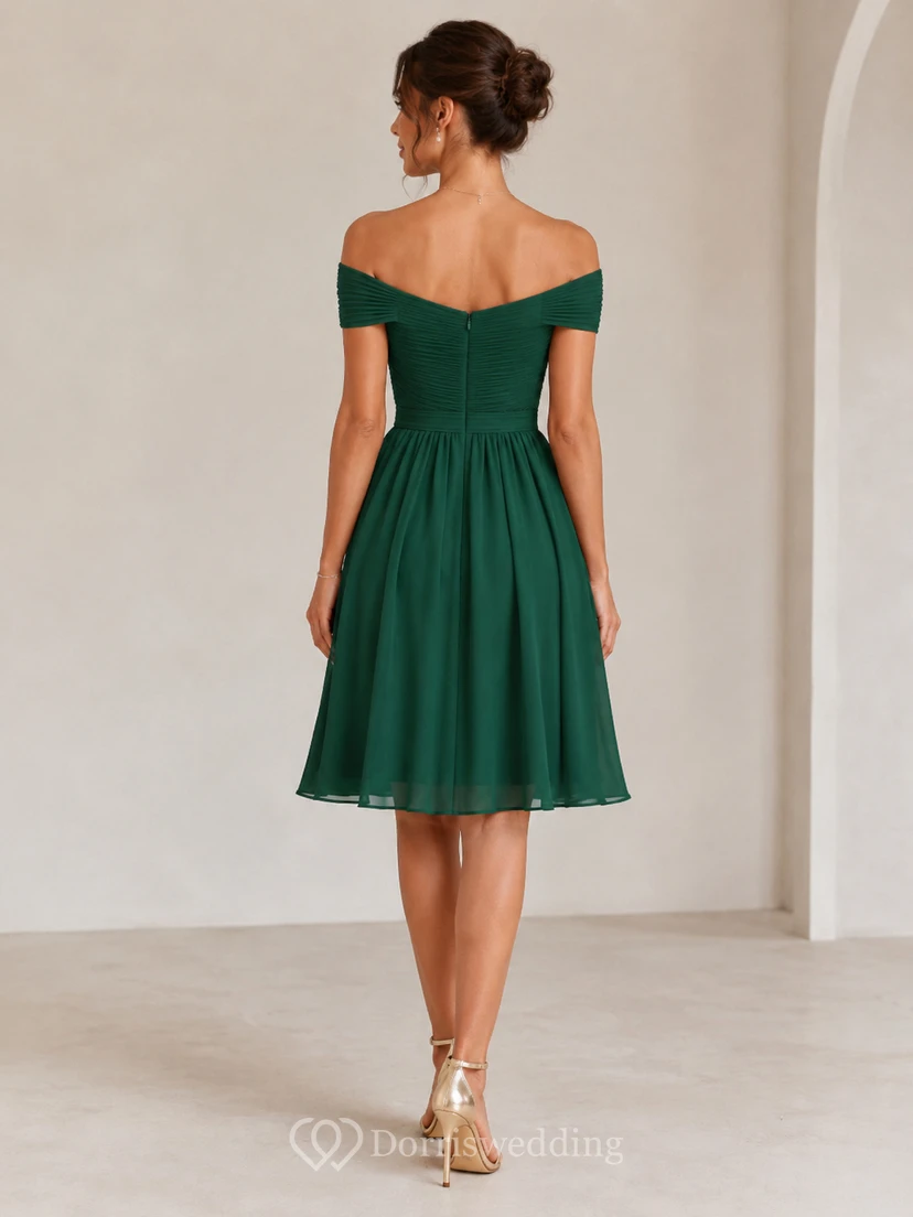 Short A-Line Knee-Length Off-the-Shoulder Short Sleeve Chiffon Homecoming Dress with Pleats view 2