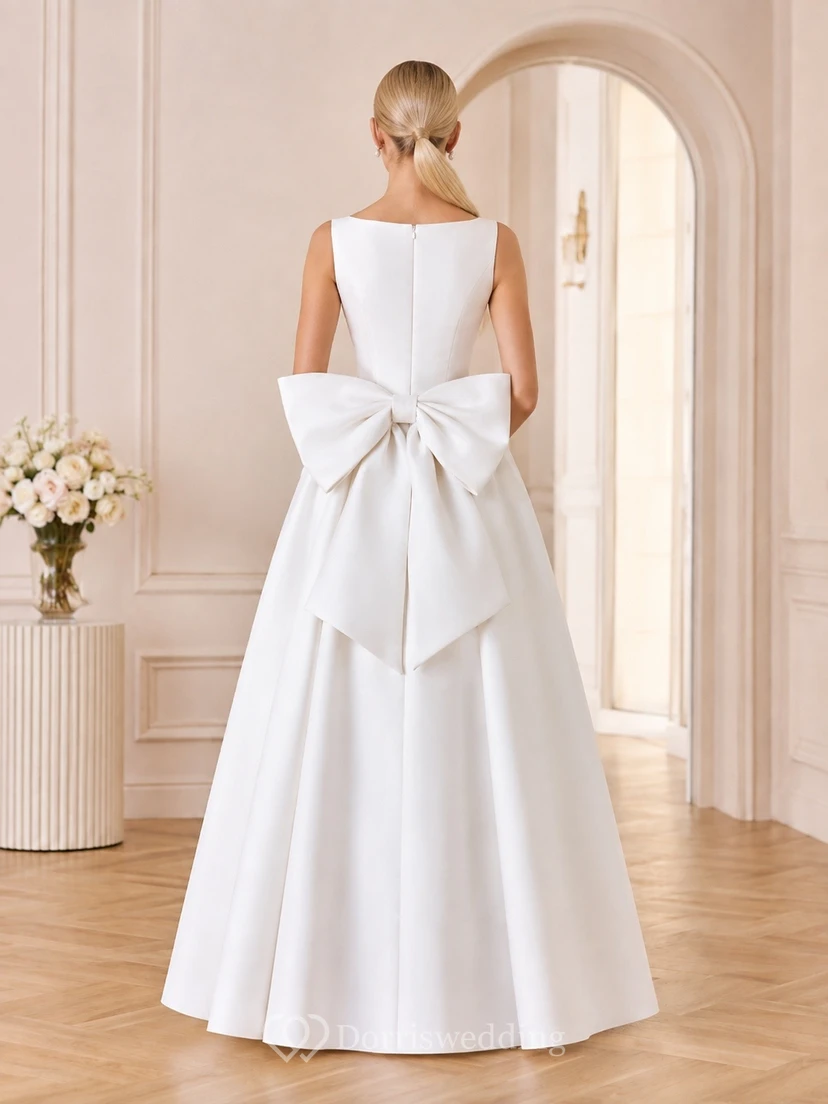 Elegante vestido de novia de satén con escote cuadrado, sin mangas y lazo, corte en A. view 2
