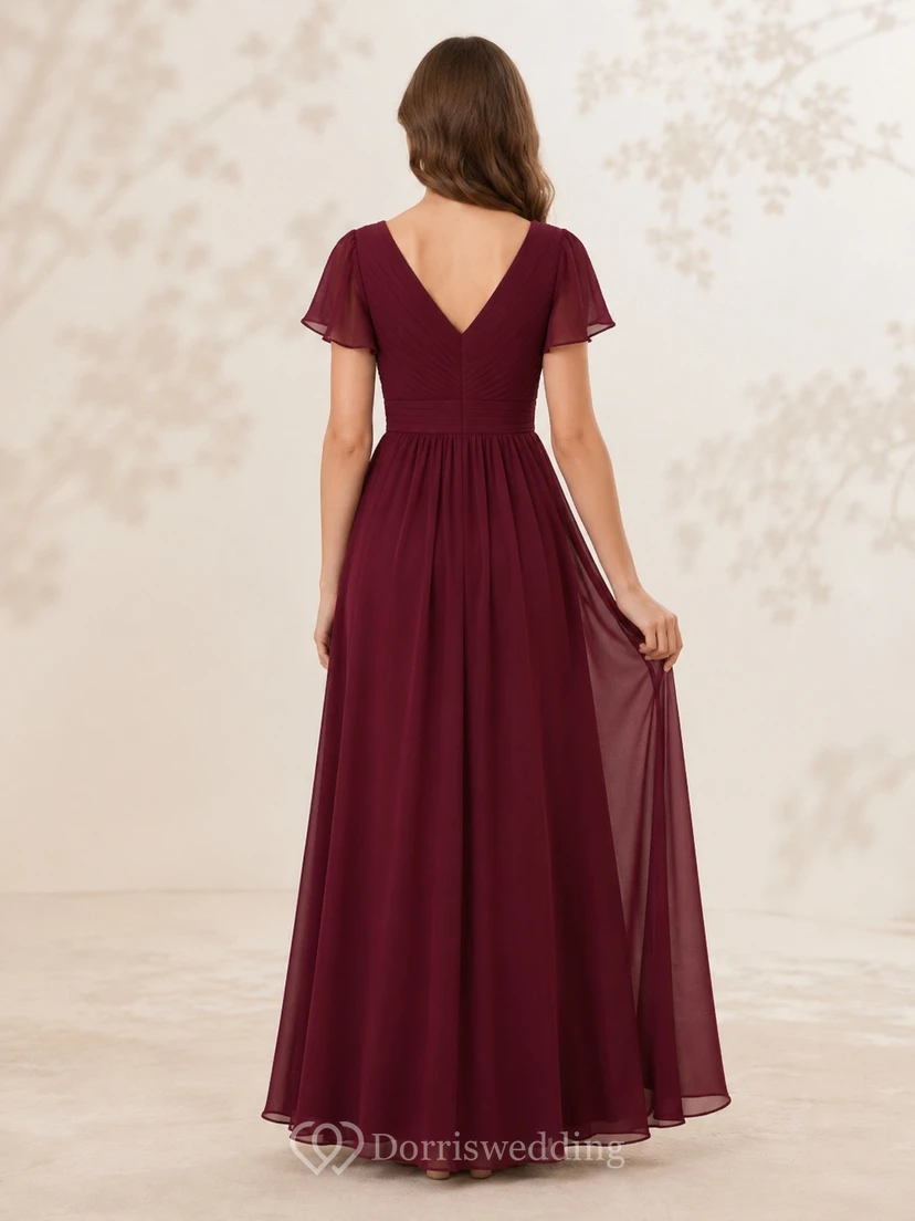 Mulberry Junior Bridesmaid Dress A-Line V-neck Short Sleeve Ruched Romantic view 2
