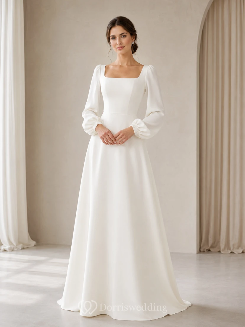 Minimalistisches Brautkleid aus Satin, A-Linie, eckiger Ausschnitt, lange Ärmel, bodenlang