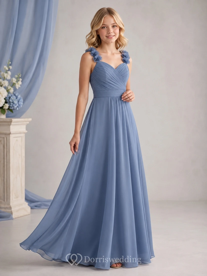 Stahlblaues Brautjungfernkleid für junge Mädchen, A-Linie, herzförmig, ärmellos, Chiffon, mit floralen Details, romantisch