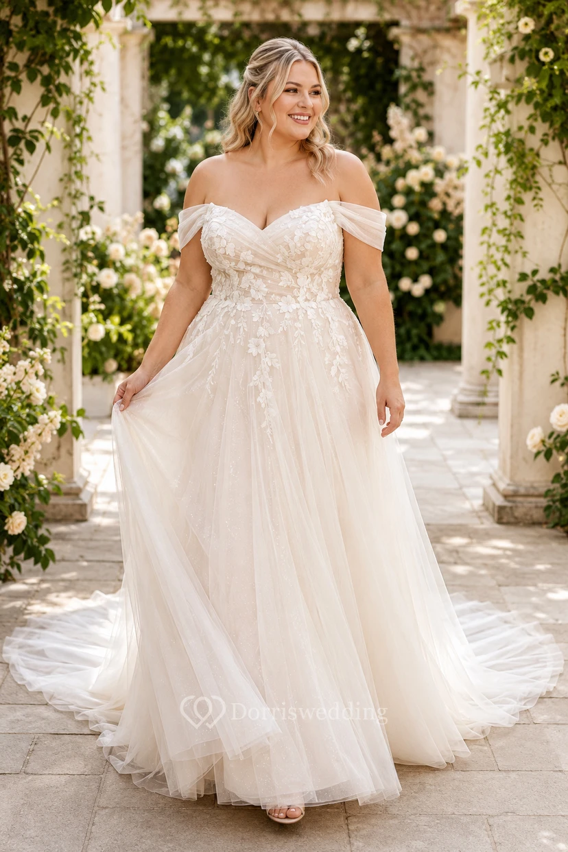 Plus Size schulterfreies A-Linien-Brautkleid aus Spitze mit Gartenschleppe