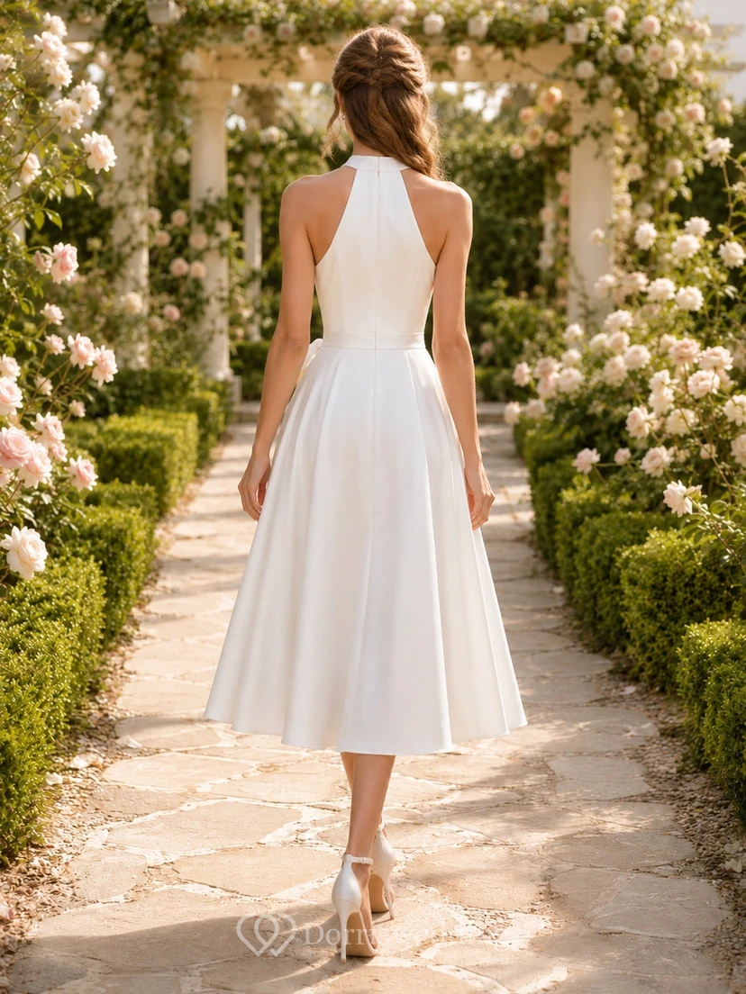 White Halter High Neck Satin A-Line Tea-Length Elegant Graduation Guest Dress view 2