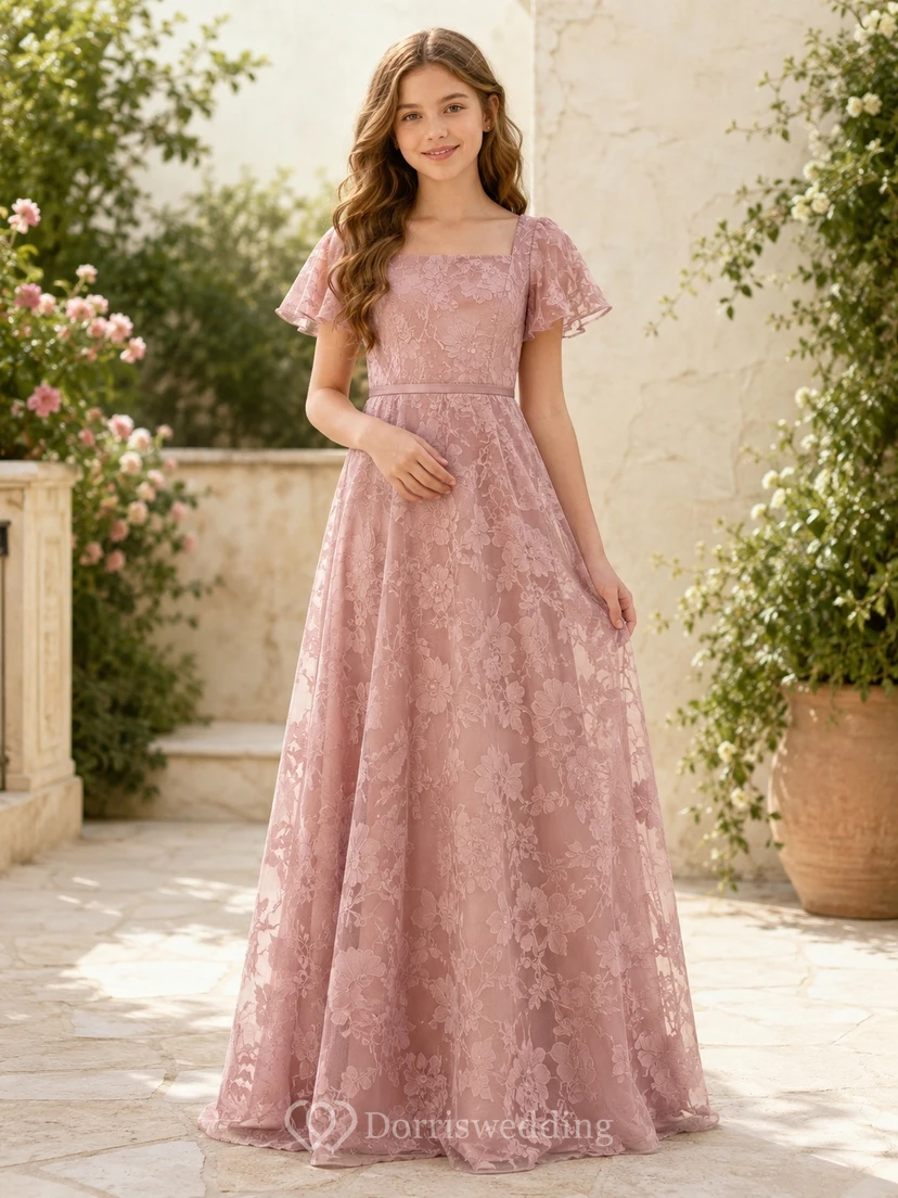 Brautjungfernkleid in Altrosa, A-Linie, eckige Blütenblattärmel, Vintage-Stil