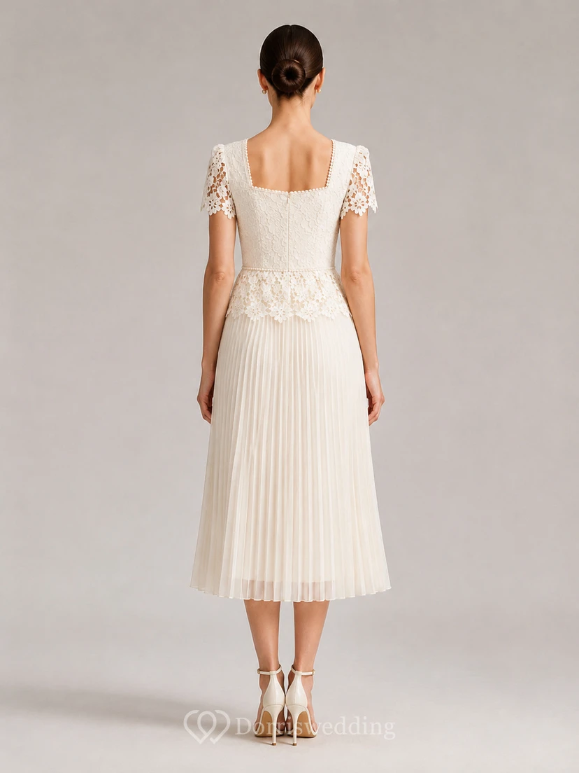 Square neck lace sleeve pleated tea length wedding dress view 2