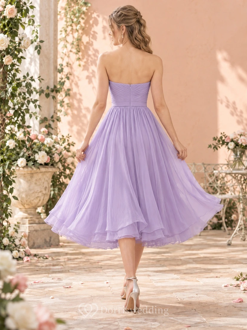 Vintage Teelanges lavendelfarbenes trägerloses Chiffon-Abendkleid mit gerafftem Oberteil und fließendem Schnitt view 2