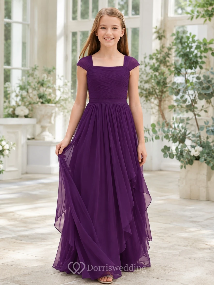 Traubefarbenes Brautjungfernkleid für junge Mädchen, A-Linie, eckig, kurze Ärmel, plissiert, romantisch