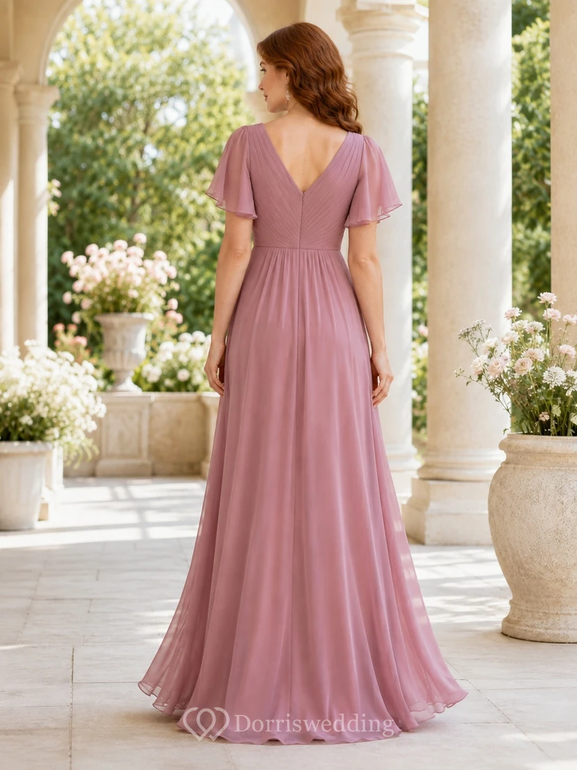 Mauve V-Neck Petal Sleeve Chiffon A-Line Floor-Length Garden Formal Dress view 2