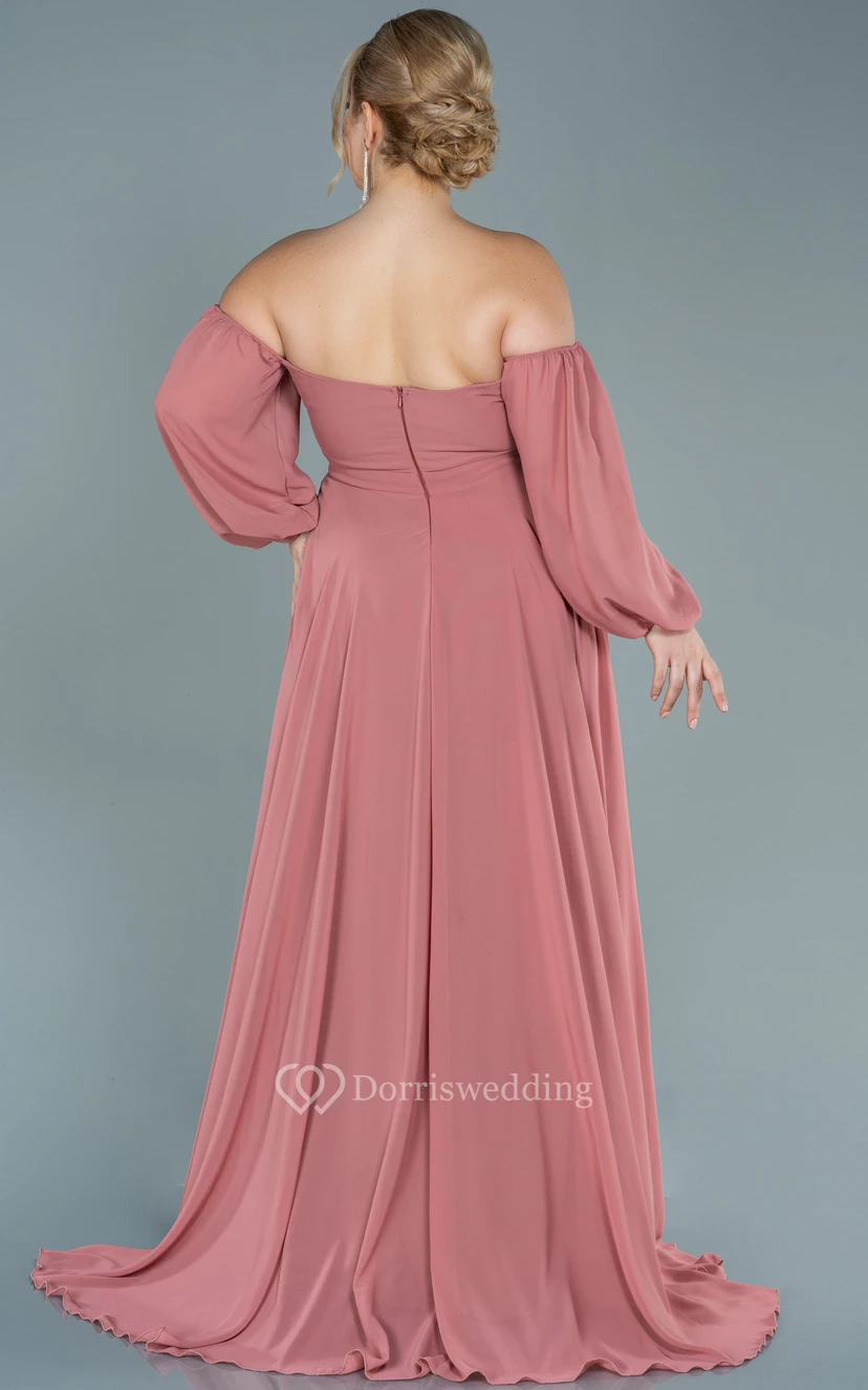 Off-the-shoulder Sweetheart Empire Plus Size Chiffon Front Split Evening Dress view 2