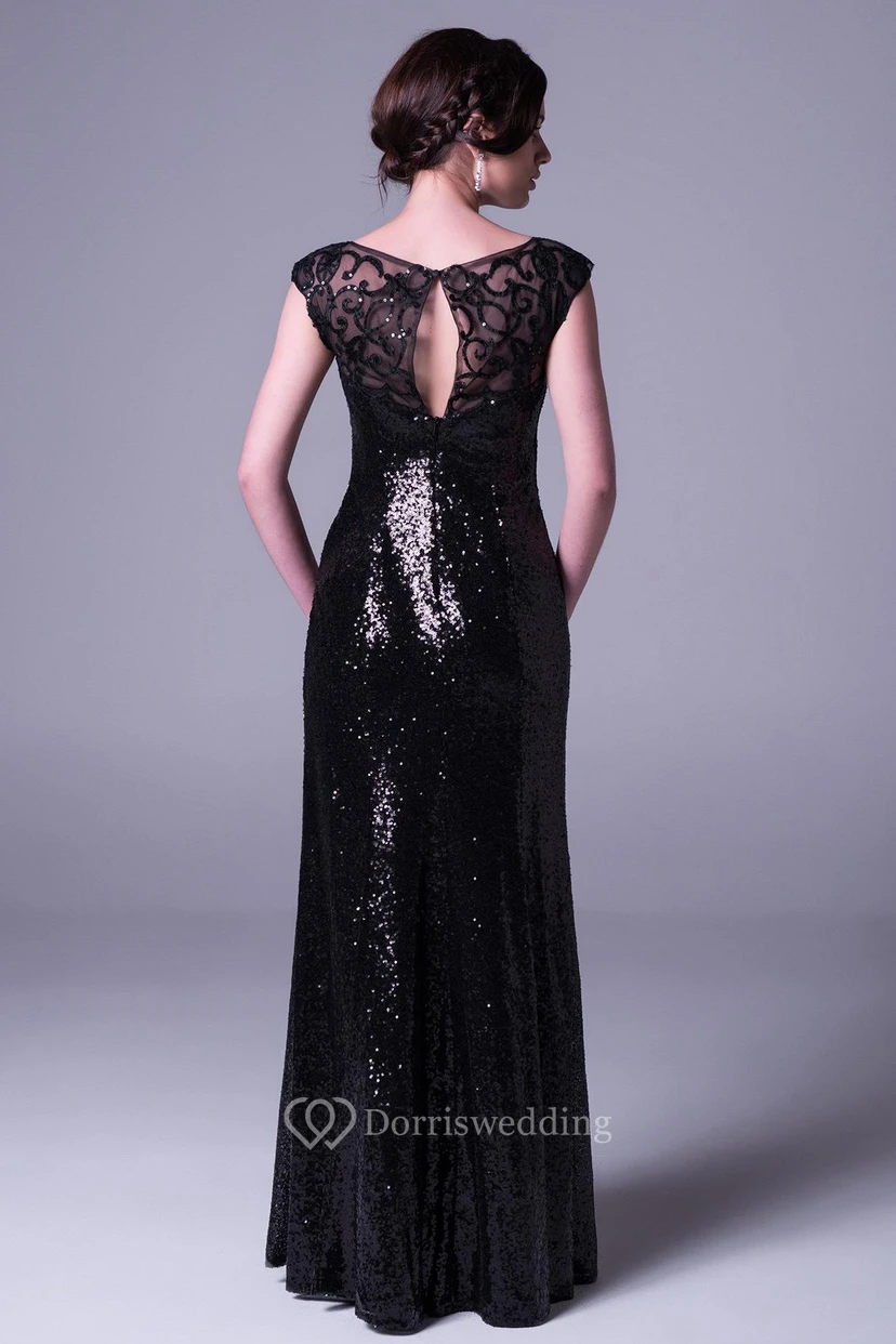 Sheath Appliqued Scoop-Neck Cap-Sleeve Floor-Length Sequins Prom Dress view 2