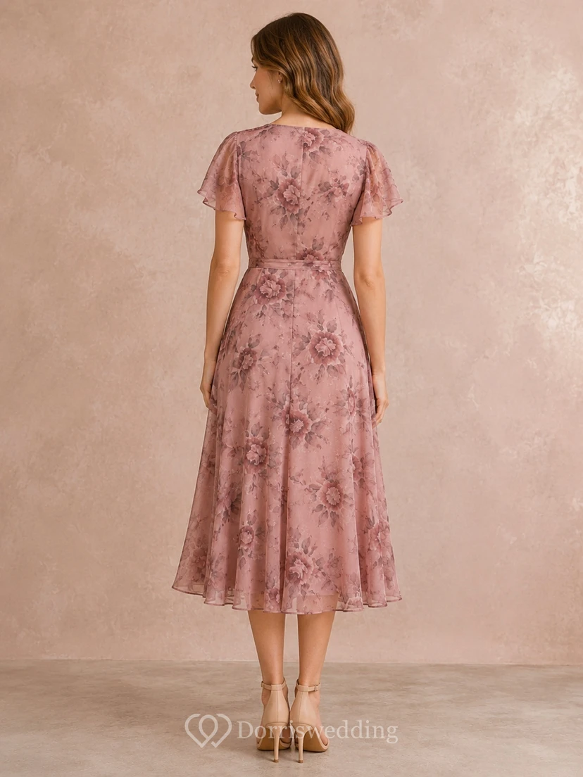 Altrosa geblümtes Chiffon-Gästekleid mit V-Ausschnitt, kurzen Ärmeln und A-Linien-Schnitt, wadenlang view 2