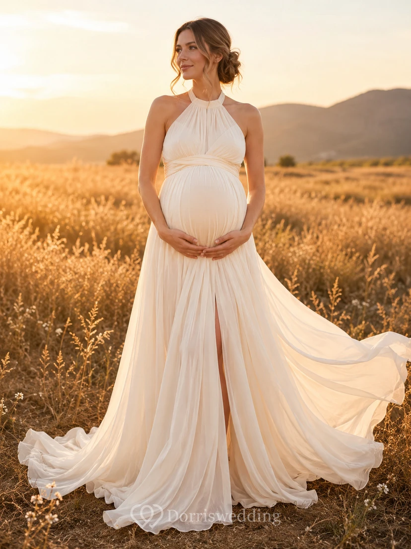 Helles Chiffon-Umstandskleid mit Neckholder und Empire-Taille für Fotoshootings