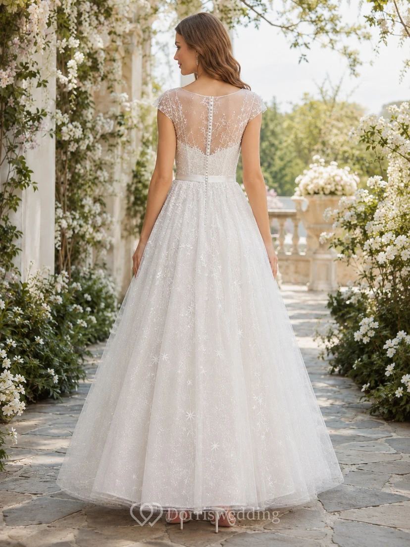 Vestido de novia de ensueño, corte A, tul, ilusión, escote corazón, mangas cortas, fajín y encaje, largo hasta los tobillos. view 2