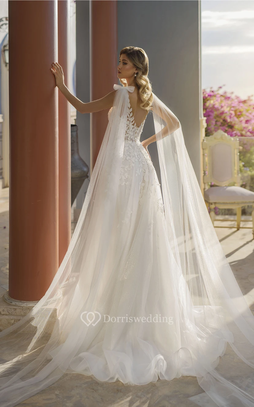 Ball Gown V-neck Sleeveless Court Train Organza Wedding Dress with Appliques and Draping view 2