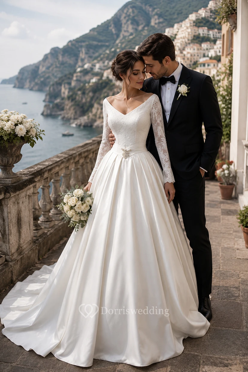 A-Linien-Ballkleid, Teelänge, V-Ausschnitt, lange Ärmel, Perlenbesatz, Jacke aus Chiffon, Tüll, Spitze, Pailletten, Organza, Satin