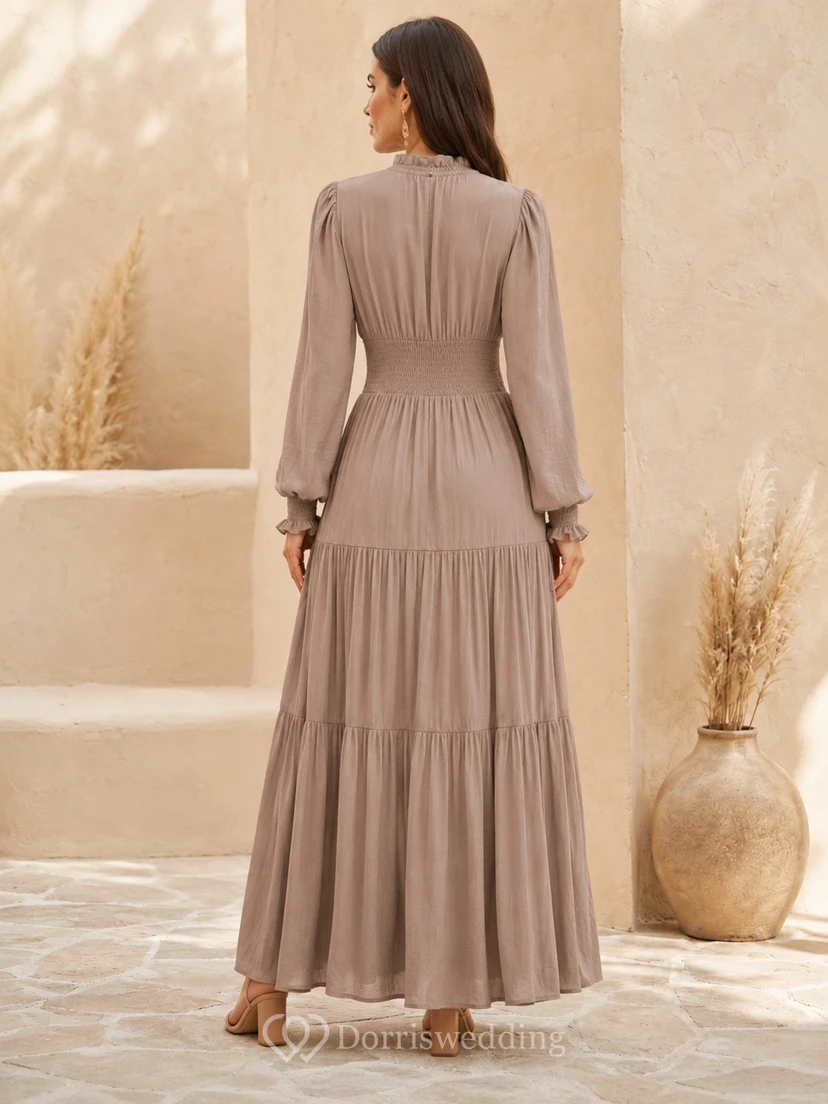 Long Sleeve Modest High Neck A-Line Tiered Taupe Formal Evening Dress view 2