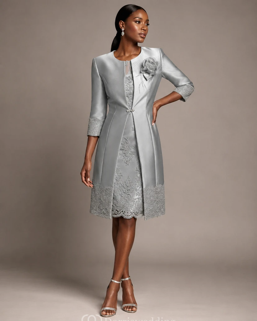 Jewel A-line Knee-length 3-4 Length Sleeve Satin Mother of the Bride Dress with Zipper Back view 5